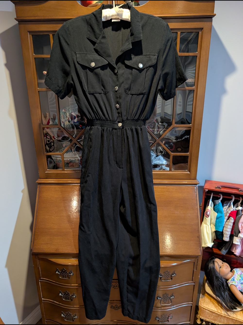 Vintage St Germain Black Utility Jumpsuit – Short Sleeve, Button Front PS